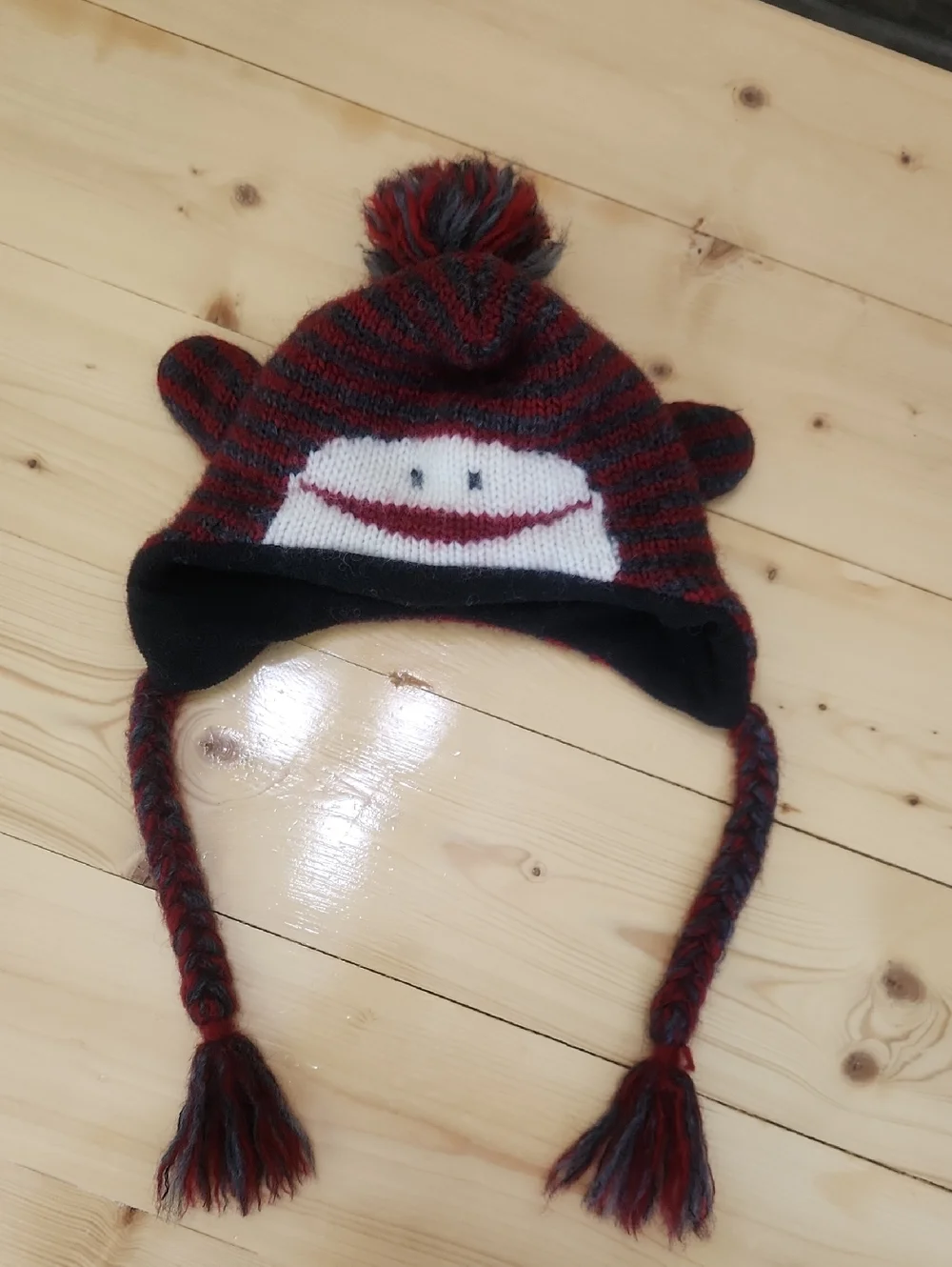 DeLux KNITWITS Striped Adult SOCK MONKEY Hat Wool Blend Fleece Lined